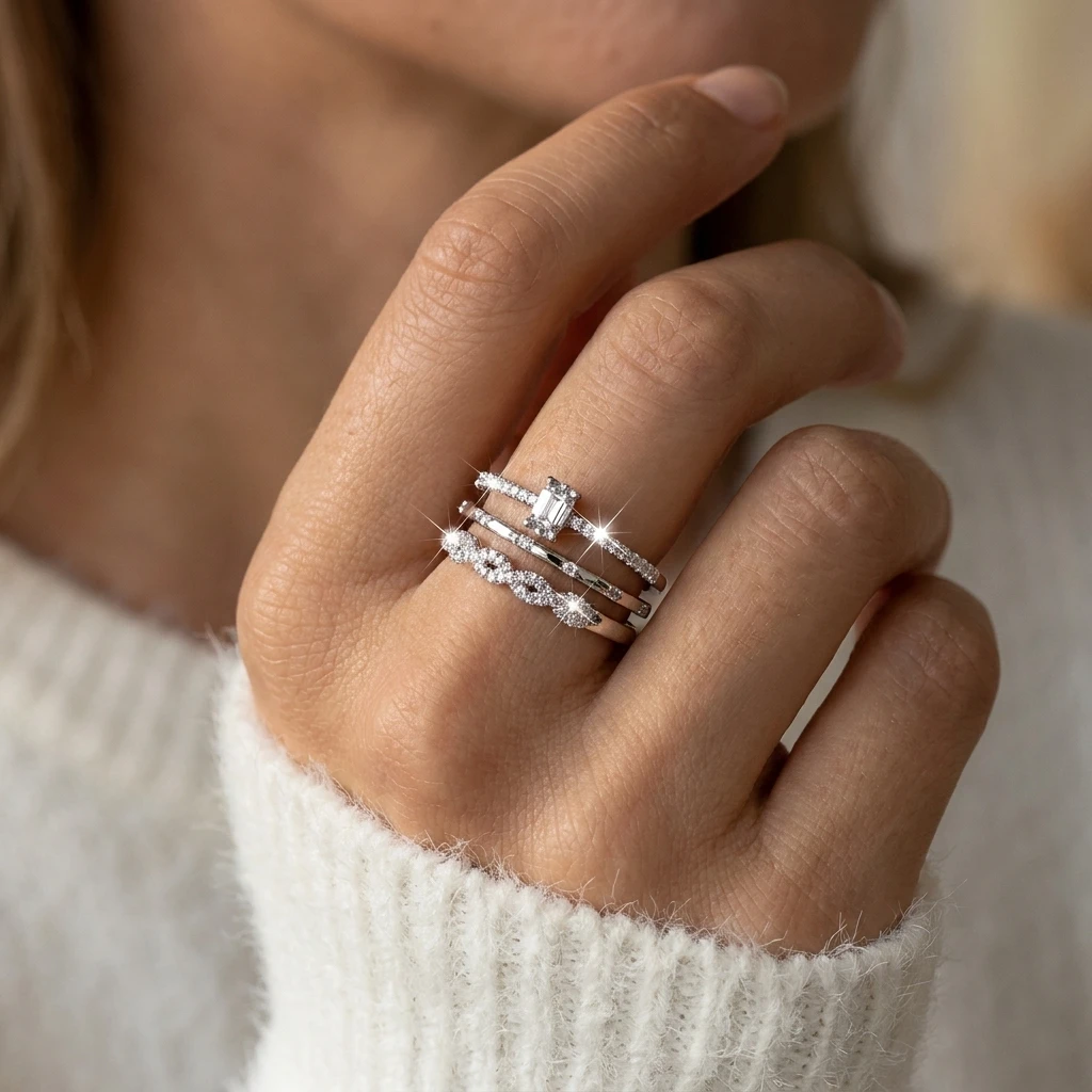 Sugar Cube Crushed Ice Cubic Zirconia Copper Closed Ring for Women Square Minimalist Bling Stackable Fine Finger Jewelry