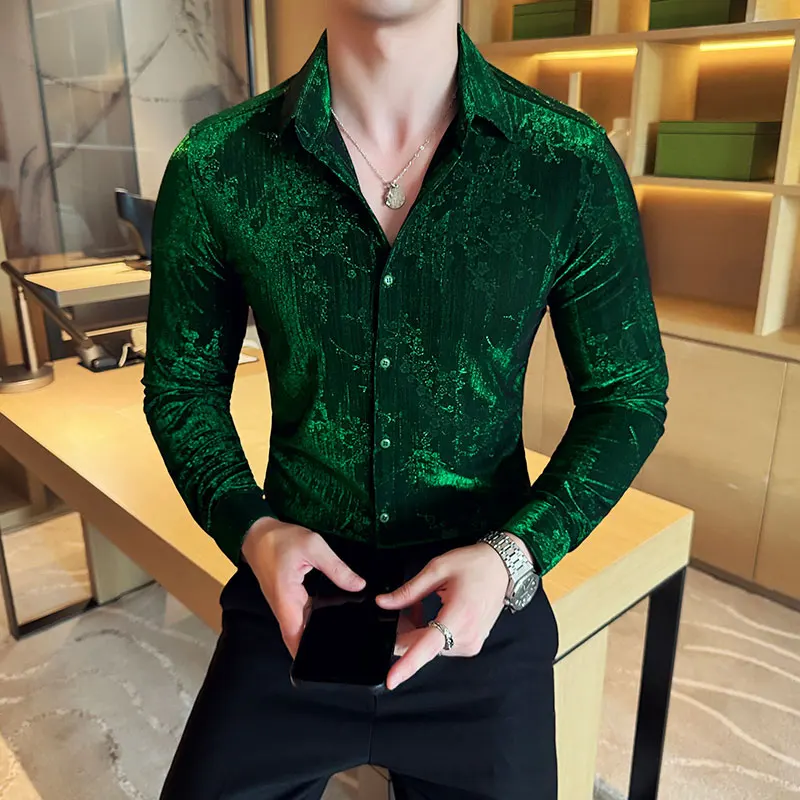 Luxury Velvet Long Sleeved Shirts for Men Autumn Winter Long Sleeve Floral Jacquard Casual Slim Shirt Social Party Tuxedo Blouse