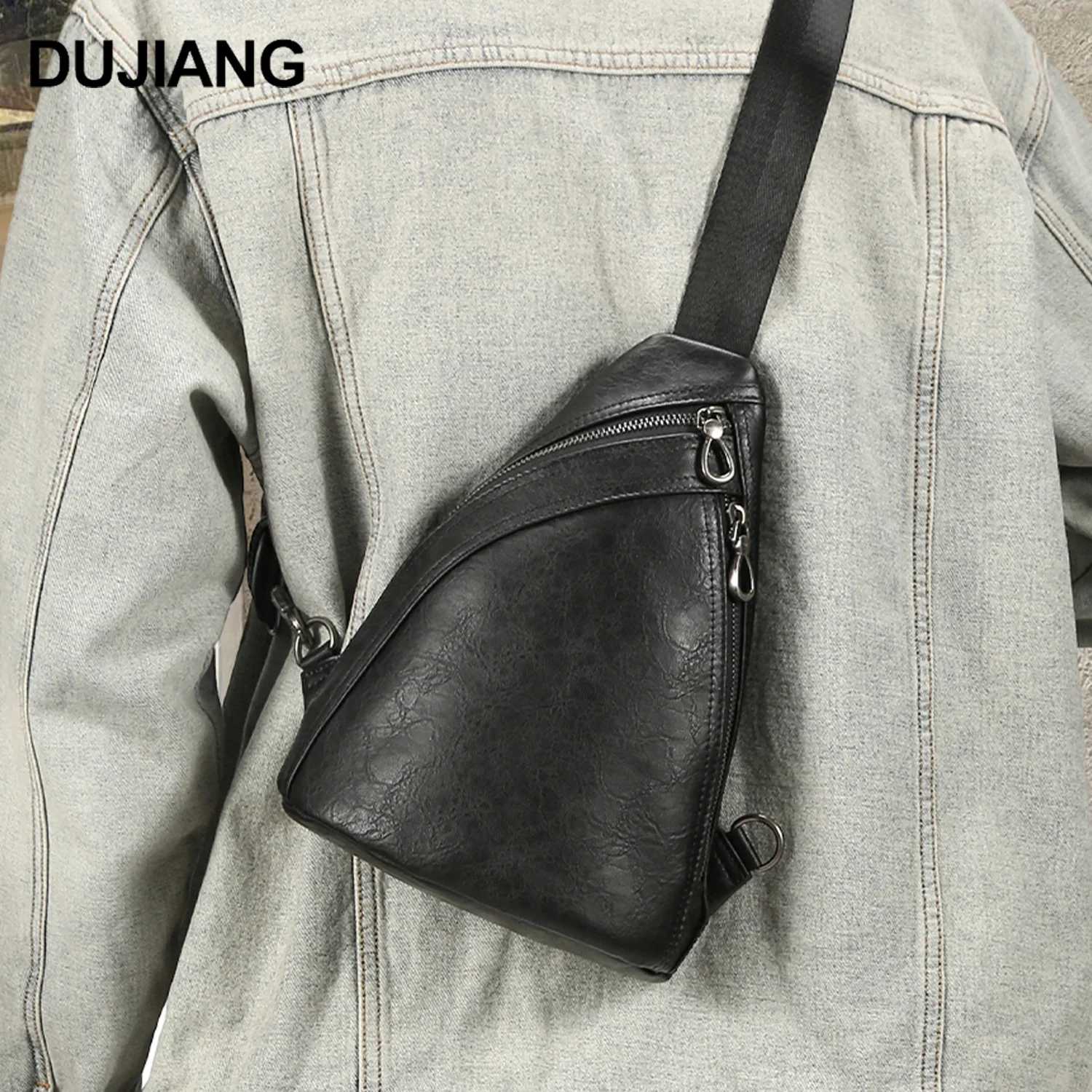 Real leather vintage men's high-end breast bag black simple daily commuting travel diagonal cross backpack