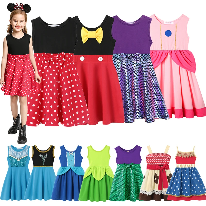 

New Summer Minnie Mona Girls Casual Dress Mermaid Belle Fancy Clothes Baby Peach Brithday Party Princess Costumes Kids Vestidos