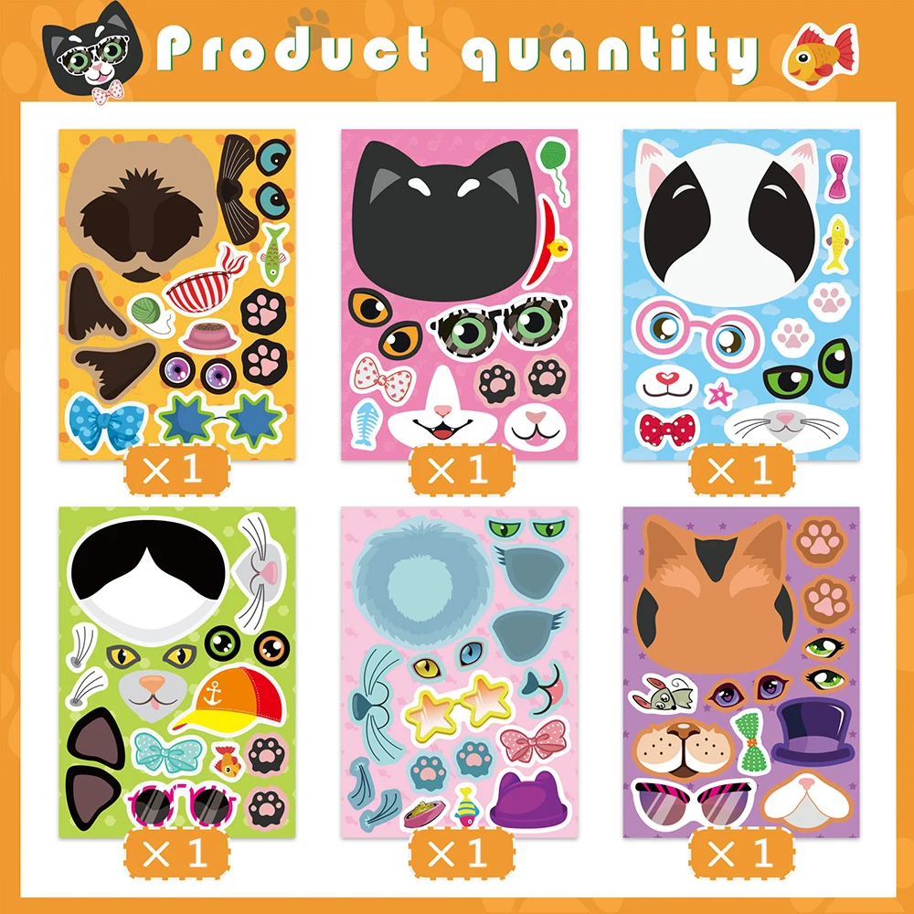 6/12Sheets Cute Cats Puzzle Sticker For Kids DIY Make a Animal Face Funny Children Assemble Jigsaw Education Toy Game Party Gift