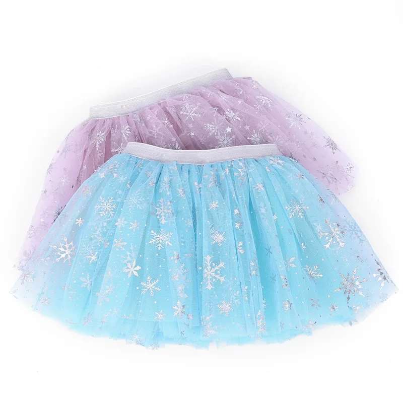 2024 Kids Clothes Children\'s Snowflake Skirt Performance Dress Party Tutu Blue Dancing Mesh Tulle