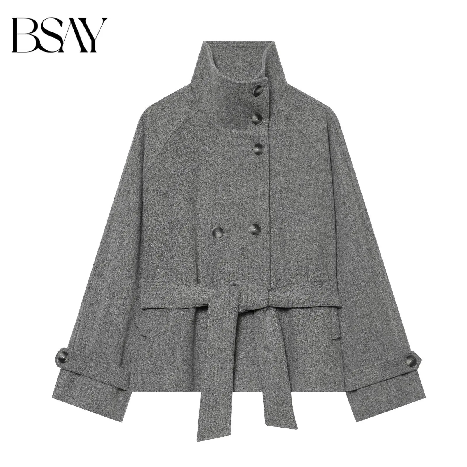 BSAY 2026 Autumn Women New Korean Relaxed Style Belted Short Outerwear High Stand Collar Double Breasted Solid Long Sleeve Coat