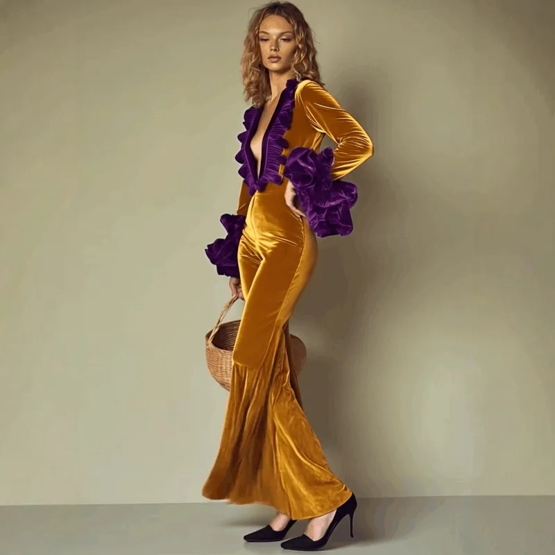 

Осень-зима женский бархатный комбинезон шикарный элегантный корсет с длинным рукавом и v-образным вырезом брюки-клеш тонкие фланелевые вечерние цельные предметы с рюшами