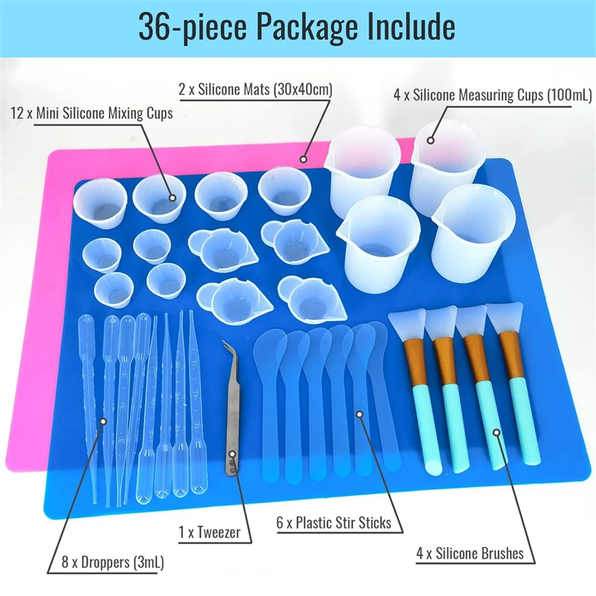 Epoxy Resin Mixing Tools Kit 36Pcs, Reusable Soft Silicone Resin Tools Supplies, Includes Silicone Mats, Measuring Cups