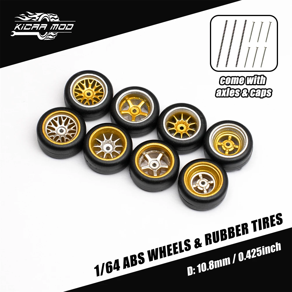 1/64 Model Car Gold and Silver Wheels with Fixed Rubber Tires Comes with Rivets for Diecast Model Refitting Parts for MINIGT