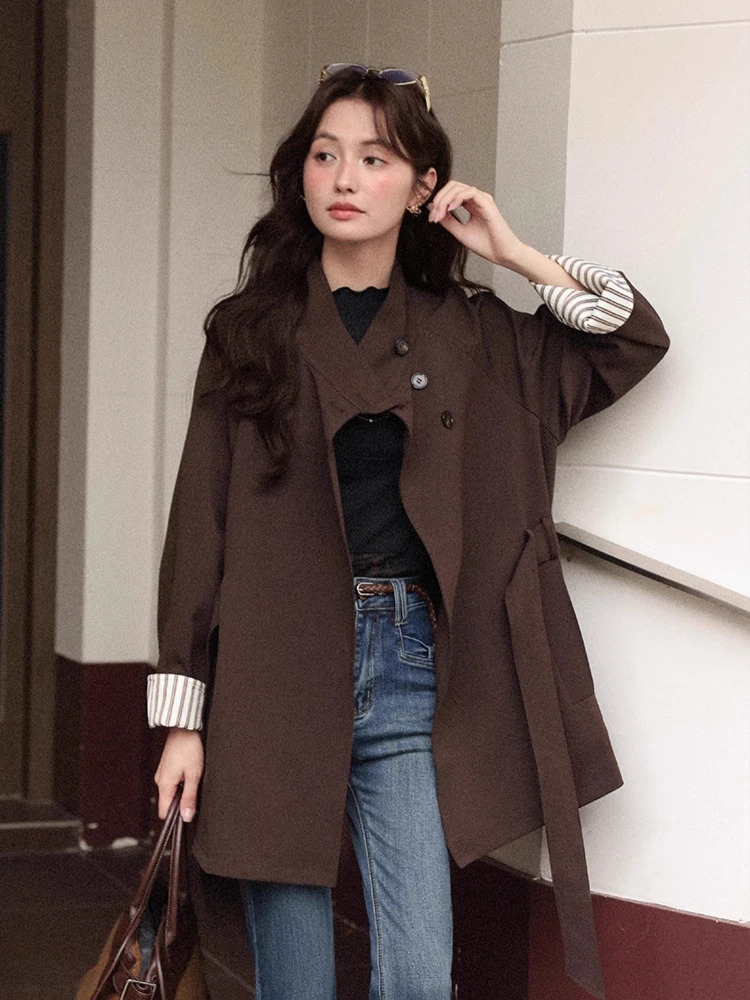 

ALXNAN Brown Trench Coats Women Office Lady Loose-fit Short Windbreaker Autumn Elegant Casual Long Sleeve Jacket Female L57029