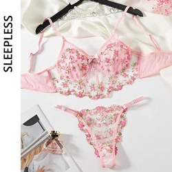 Tulle Lingerie Beautiful 2 Piece Underwear Set Transparent Sexy Bras for Women Floral Embroidery Erotic Lingerie Fancy Underwear