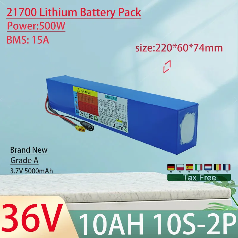 

36V 10Ah 21700 10S2P Lithium Ion Battery Pack 500W Power Tool Batteries Outdoor Backup Batteries With 15A BMS+42V 3A charger