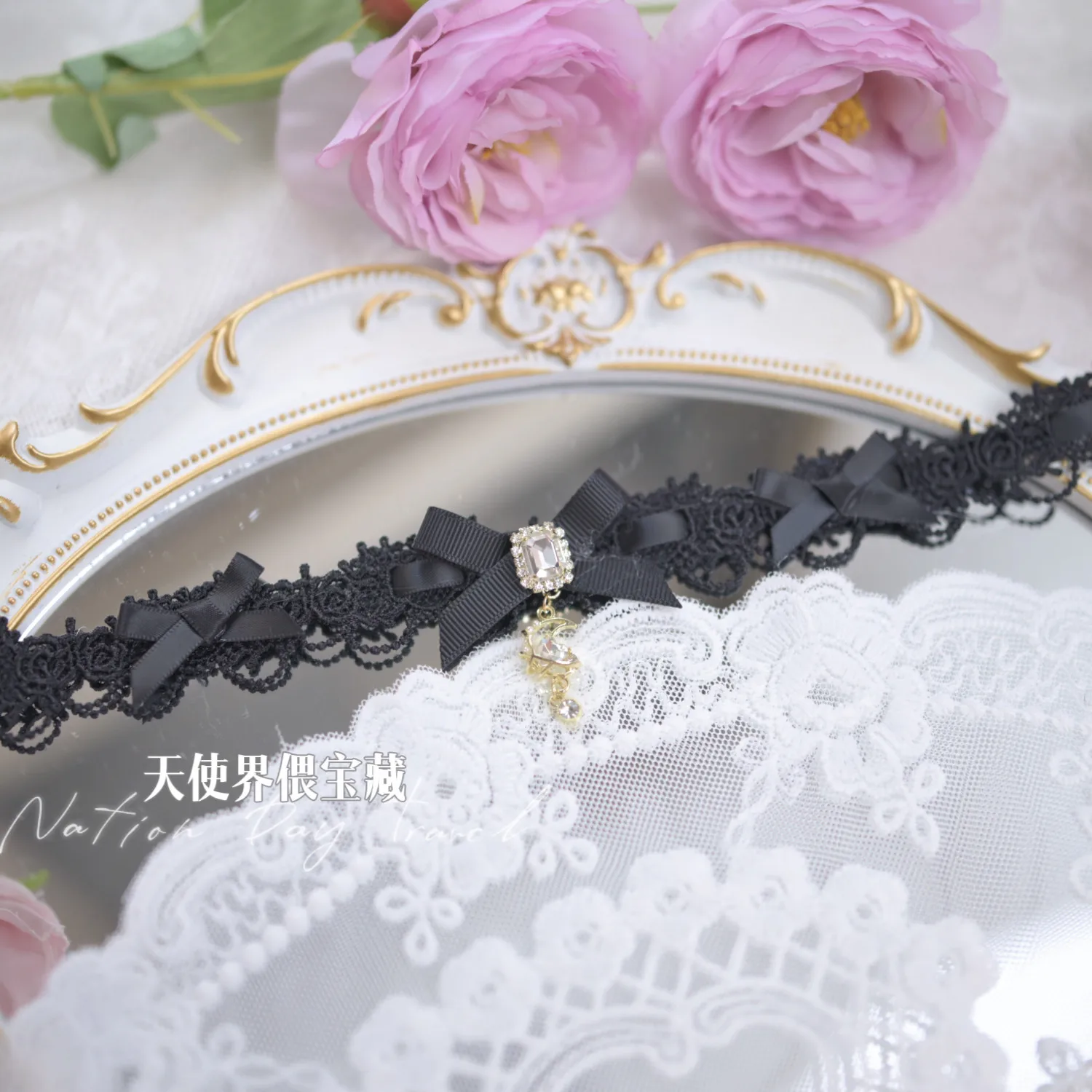 Lolita Style Lace Choker Necklace, Stars Moon Pendant with Rhinestone, Sweet Kawaii Choker Gift for Women Girls view 3