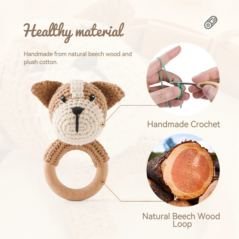 Hochet musical au crochet pour bébé, jouet pour nouveau-né, chien mignon, animal, sucette, bracelet en bois, jouets en bois pour enfants TeWindsor