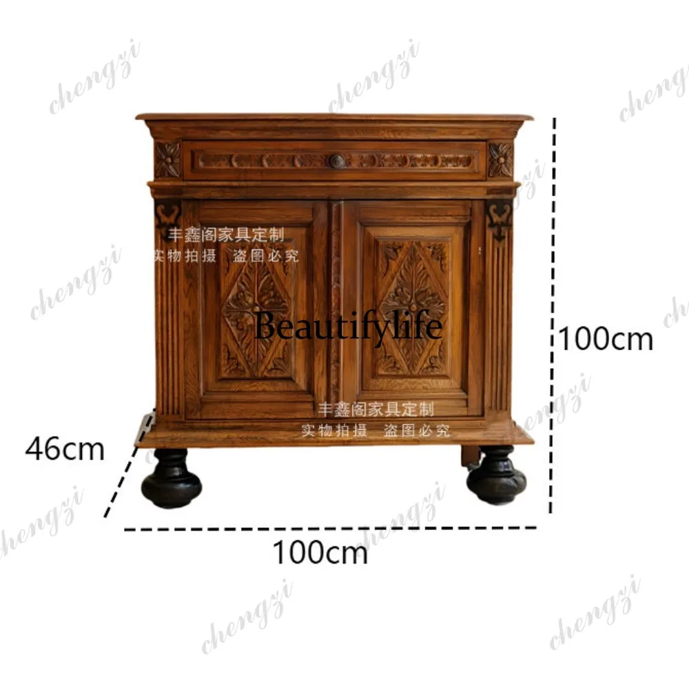 American retro solid wood carving flower entrance cabinet medieval side cabinet locker