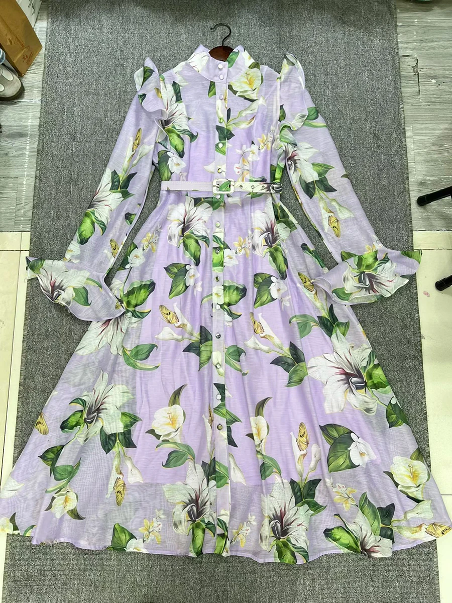 Twotwinstyle impressão emendado babados vestidos casuais para mulheres gola mangas compridas retalhos cinto moda vestido feminino novo