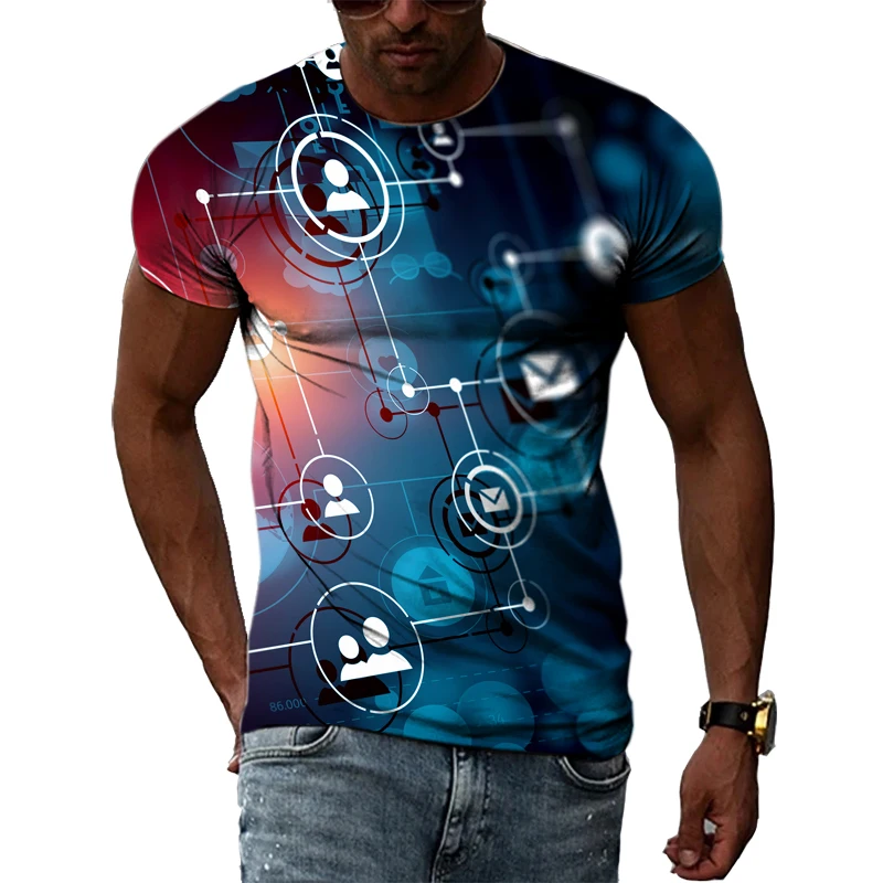 Camiseta con estampado 3D para hombre, camisa de manga corta con cuello redondo y estampado de tecnología abstracta, estilo Harajuku y Hip Hop,
