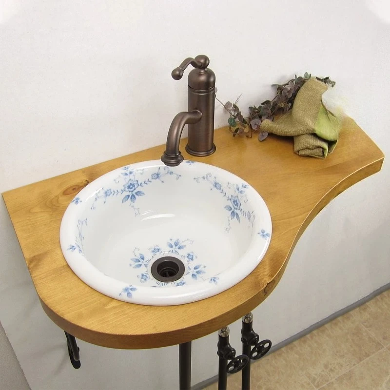 Die Tao Small Round Washbasin Blue Porcelain French Style for Compact Bathroom Apartment
