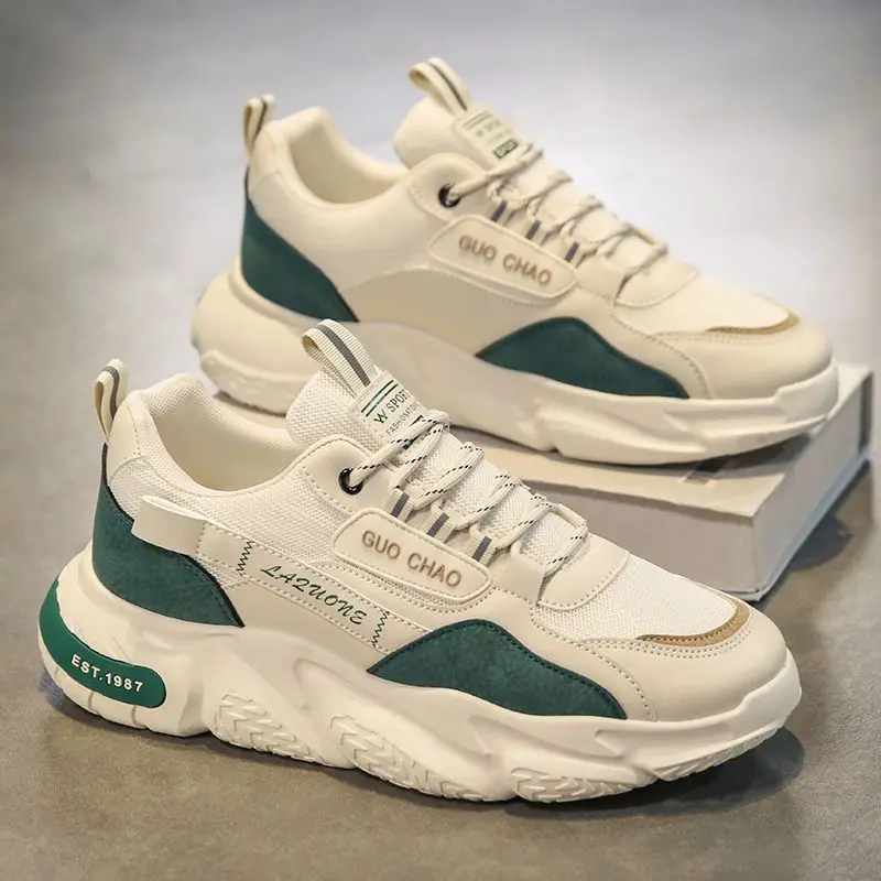 Men White Green Patchwork Mesh Dad Sneakers, Lace Up Light Breathable Thick Sole Comfort Trend Outdoor Casual Sports Shoes
