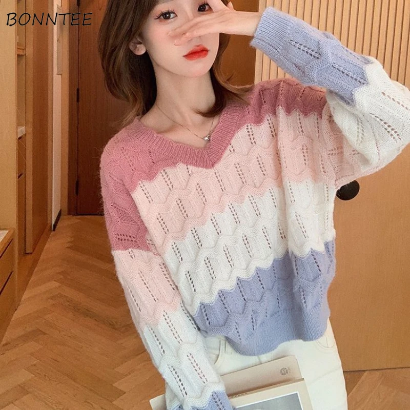 Striped Pullovers Women Trendy Sweet Colorful Korean Style Leisure Loose V-neck Hollow Out Autumn Sweater Warm Panelled Design