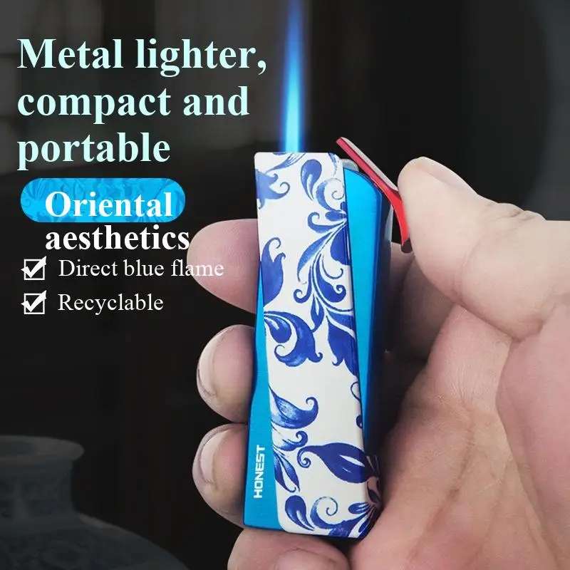

HONEST New Blue White Porcelain Design Windproof Inflatable Lighter Metal Direct Charging Blue Flame Cigar Moxibustion Igniter