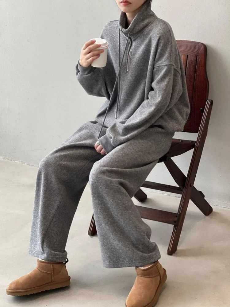 Gola rendas conjuntos femininos casuais moda coreana 2 peças conjunto baggy cordão reto calças de perna larga conjuntos