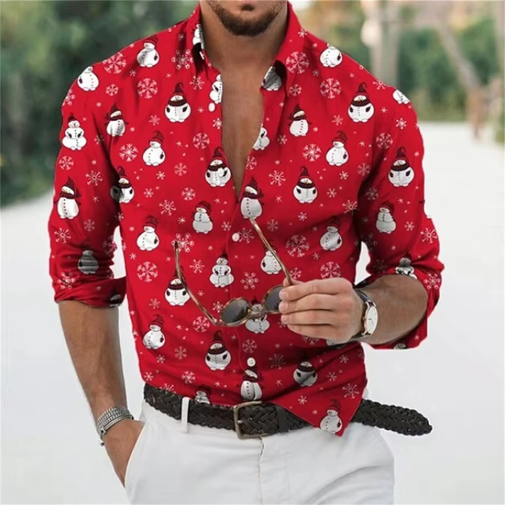 Camisas de manga larga para hombre, camisas navideñas de Año Nuevo, decoración de Año Nuevo, moda informal, ropa cómoda de gran tamaño para hombre