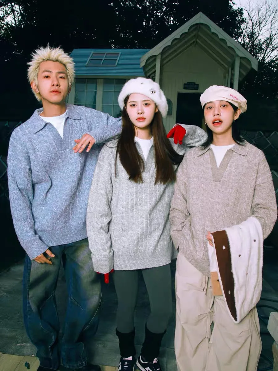 

Мужской свитер в американском ретро-стиле с эффектом кручения, с длинным рукавом, для ношения под одеждой, парный, вязаный, повседневный, зимний, свободного кроя, с V-образным вырезом