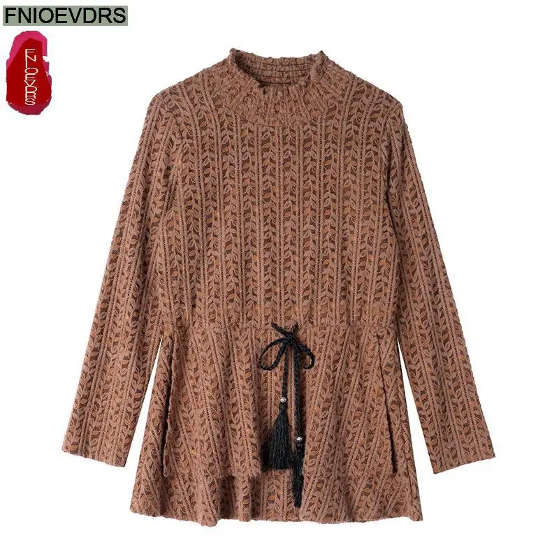 M-5XL Warm Thick Tops Women 2023 Autumn Elegant Office Lady Peplum Basic Shirts Casual Retro Vintage Drawstring Bow Tie Blouses