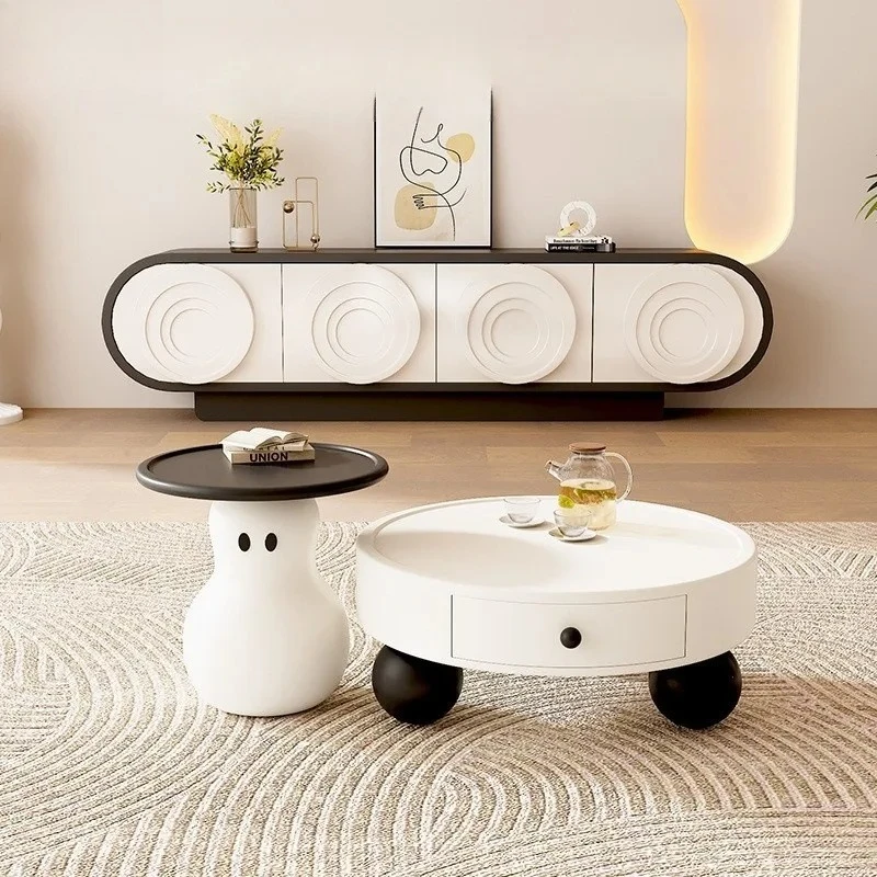 @Modern simple creative household small apartment living room with drawers new cream snowman coffee table TV cabinet combination