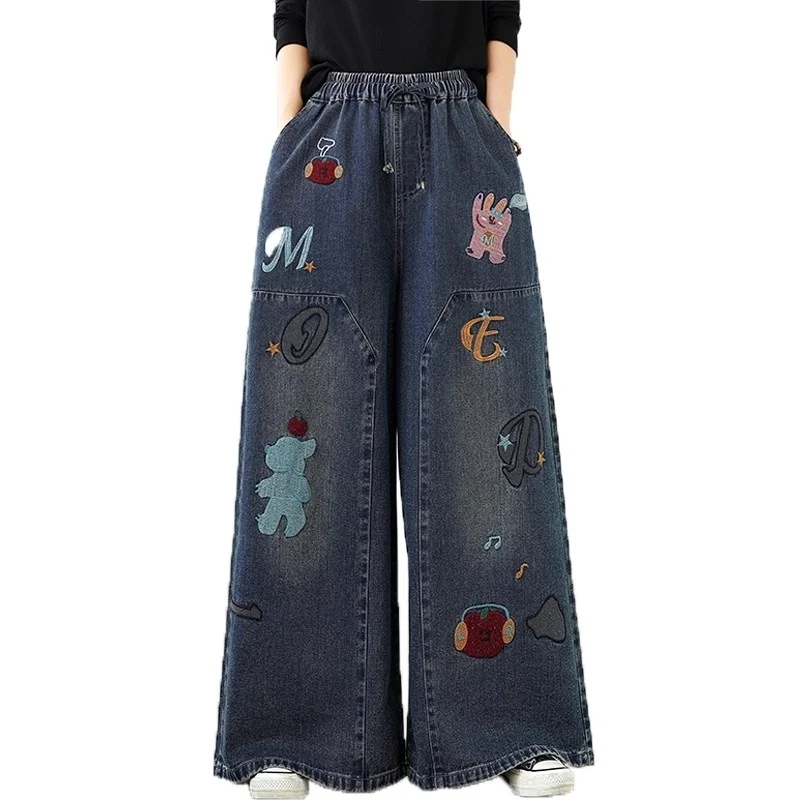 Damen-Jeans mit weitem Bein, hohe Taille, weiche Denim-Hose, große Größe, Vintage-Retro-Freizeithose mit Cartoon-Stickerei, w1371