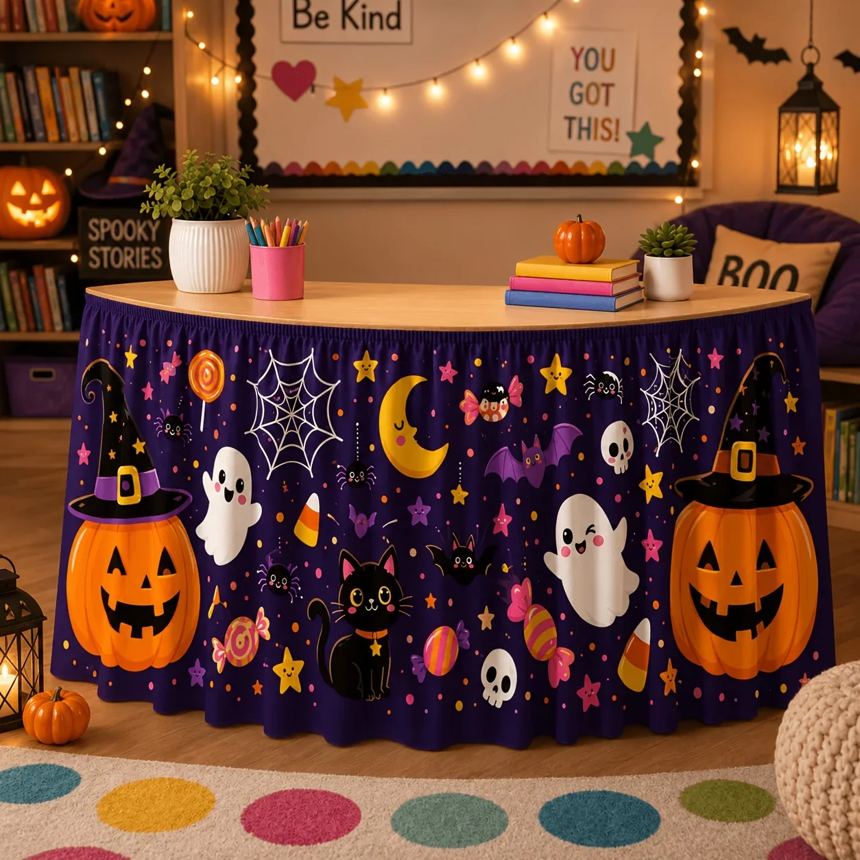 1 piece of party dress, cute dwarf Halloween table skirt pattern, dwarfs, pumpkins. Halloween party decoration
