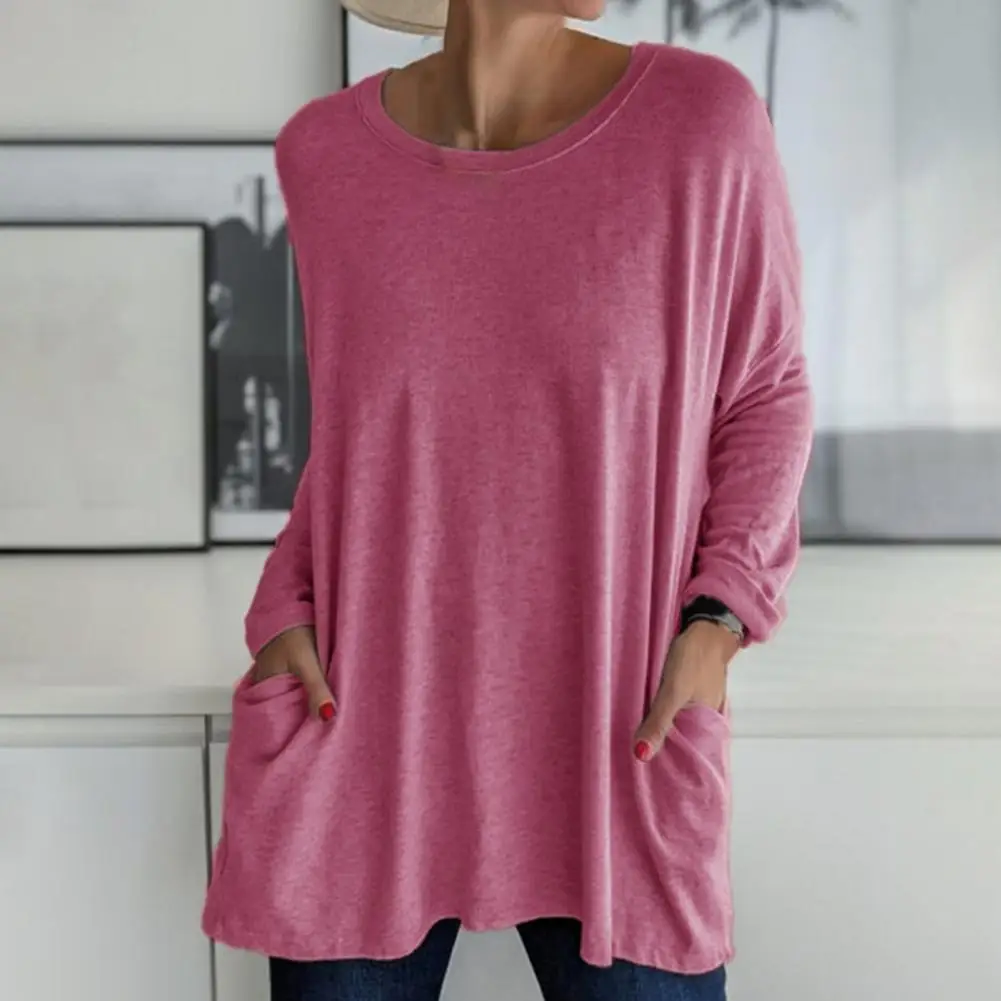 Solid Color Vintage Pocket Oversized T shirt Female Clothing Fashion Autumn Tunics Basic Top Women 2023 Long Sleeve T Shirt