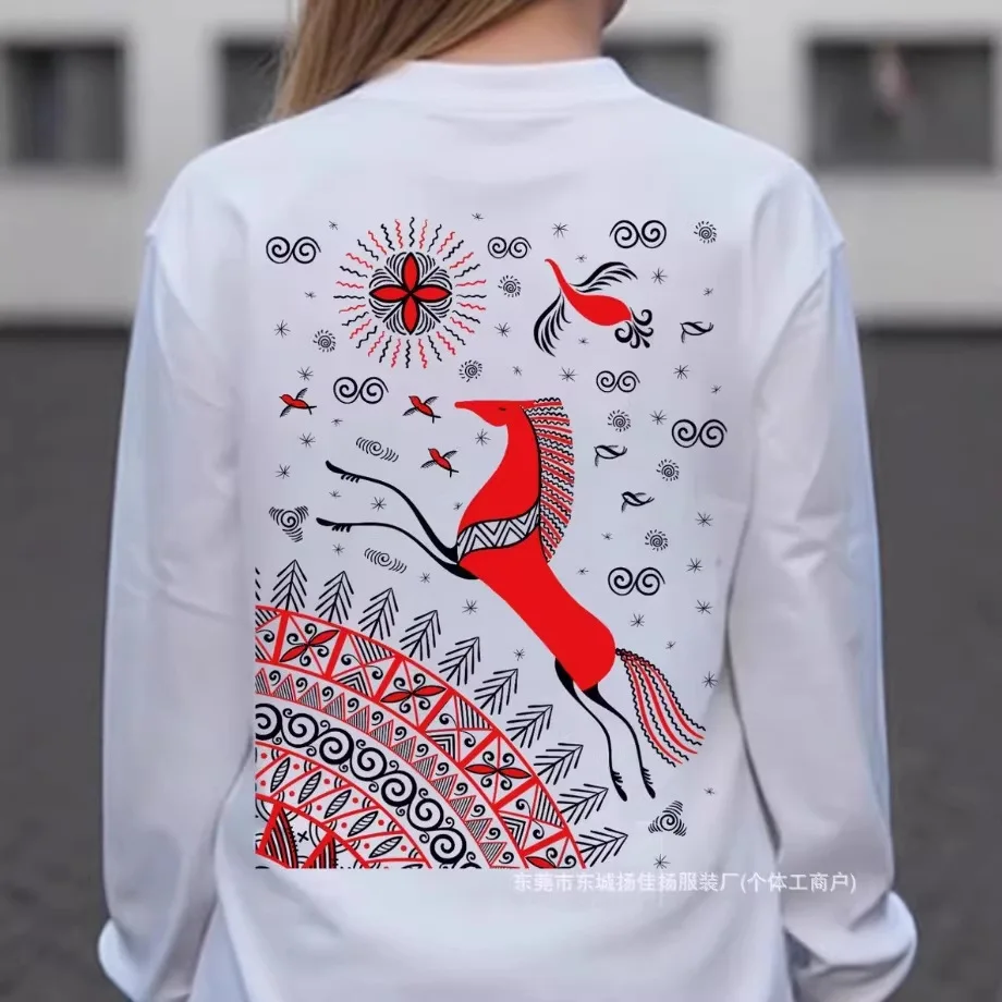 RUSSIAN Ethnic Style Red Horse Print Long Sleeve T-Shirt Folk Pattern Casual Loose Fit Graphic Tee Boho Vintage Streetwear Top