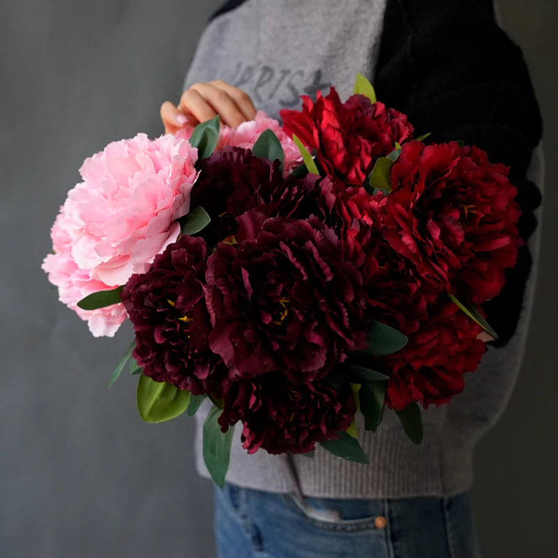 NEUE Rosen mit 5 Köpfen, Seiden-Pfingstrosen, Künstliche Blumensträuße mit Großen Köpfen, Günstige Kunstblumen für Heim- und Hochzeitsdekoration Innenbereich – Detail 7