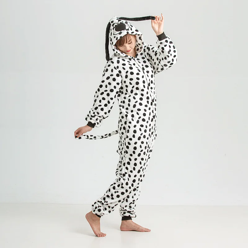 Dalmatian Dog Cartoon Animal One-piece Hooded Pajamas Loungewear Cute Long Sleeve Sleepwear Winter Homewear for Adult Kids