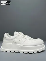 Men Thick Bottom Casual Shoes Lace Up Spring Summer Breathable Genuine Leather Platform Sneakers Height Increasing Walking Shoes