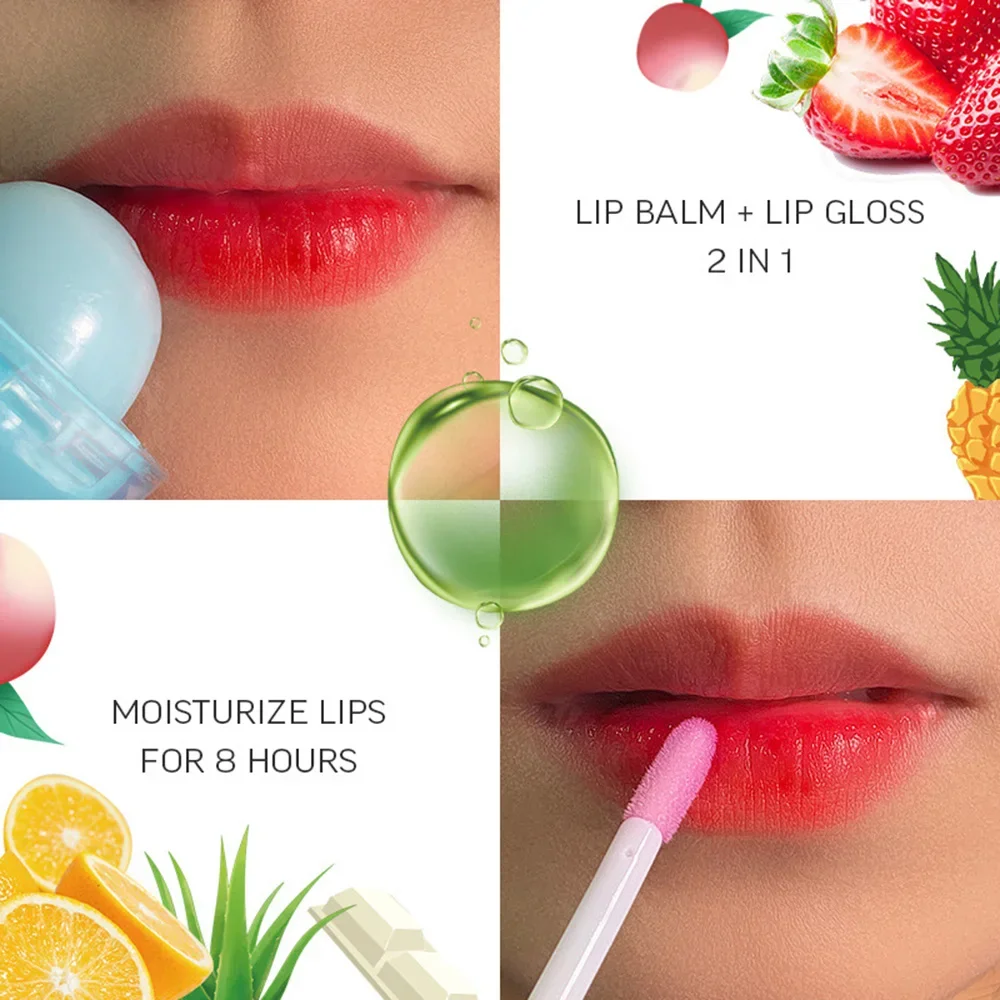 Bálsamo labial 2 en 1 de marca privada, brillo de labios personalizado a granel, 2,4 ml, aceite que cambia de Color, Bola de lápiz labial, sabor a fruta, piruleta, maquillaje hidratante