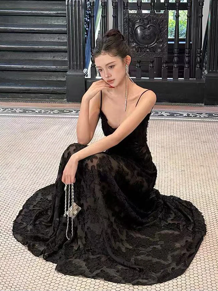 Czarna koronkowa sukienka na ramiączkach Y2K dla kobiet, letnia moda, sukienka codzienna na cienkich ramiączkach, seksowna sukienka bez pleców, prześwitująca długa sukienka Vestidos Mujer