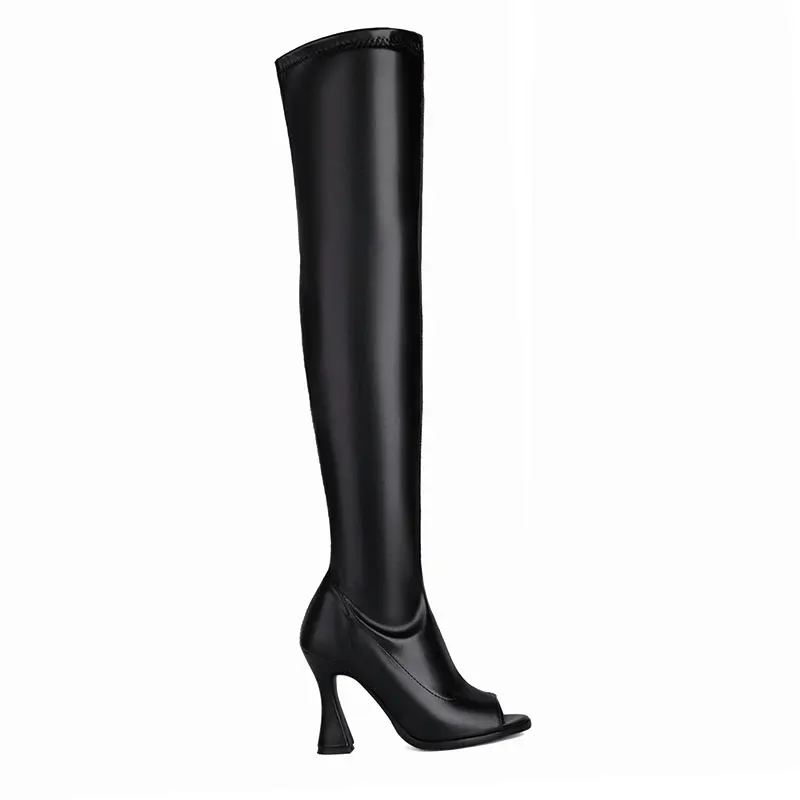 Chic Open Toe High-heeled Women Over-the-knee Boots Stretch Bright Black Patent Leather Zipper Thigh Boot Faux Suede 46