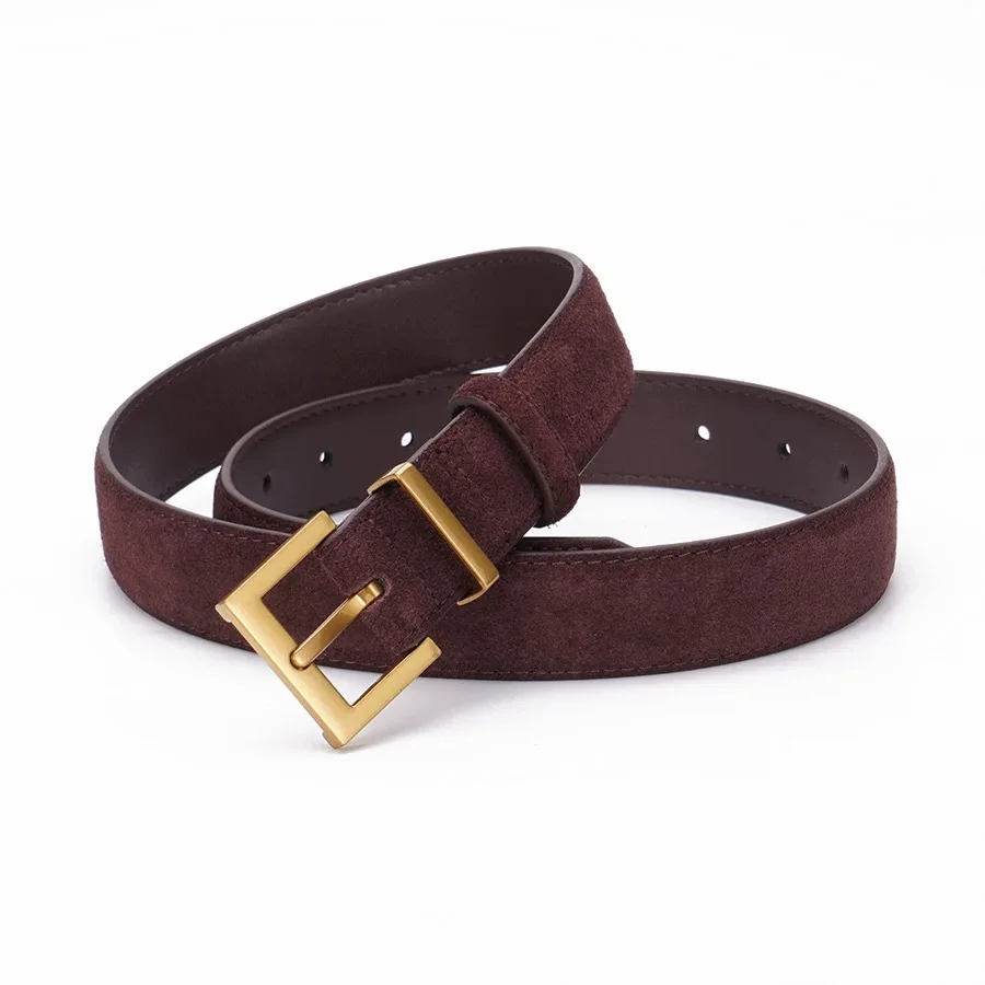 Luxury Genuine Leather Women Belt for Jeans and Dress Vintage Suede Cowhide Waistband Golden Square Buckle Ladies Trendy Belts