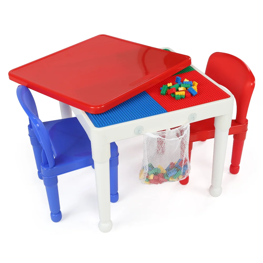 2-in-1 Plastic Kids Activity Table & 2 Chairs Set, White, Red & Blue