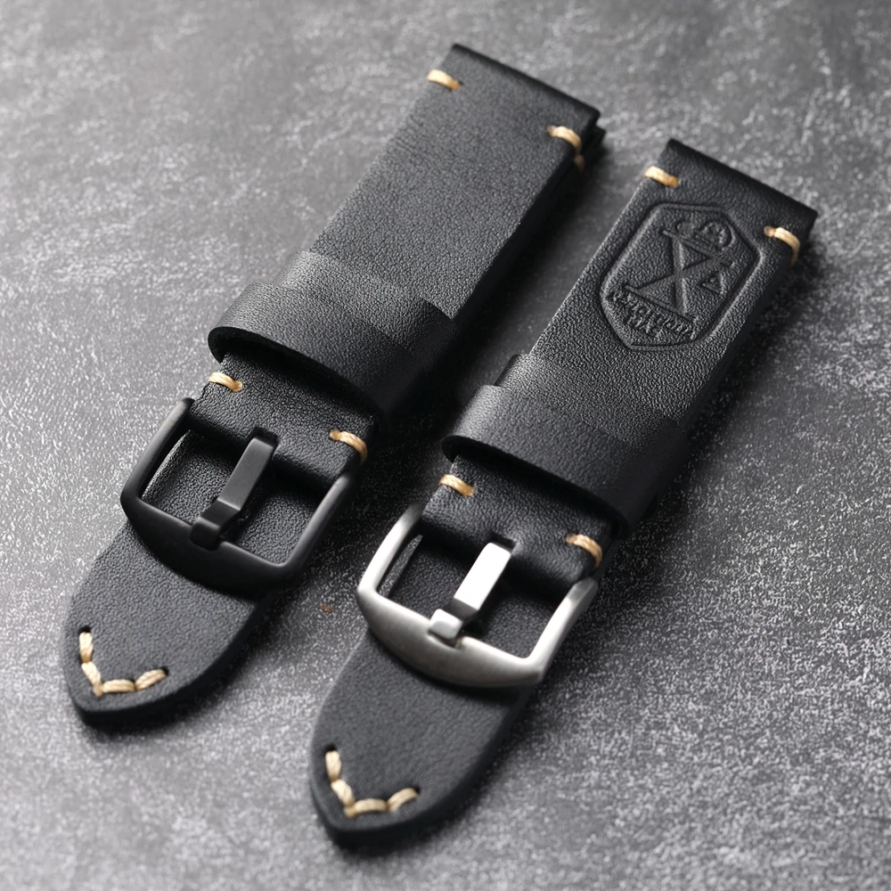 Handmade Head Layer Cowhide Leather Strap 20 22 24 26MM Black Soft Thickened Men Leather Vintage Strap Suitable For PAM1