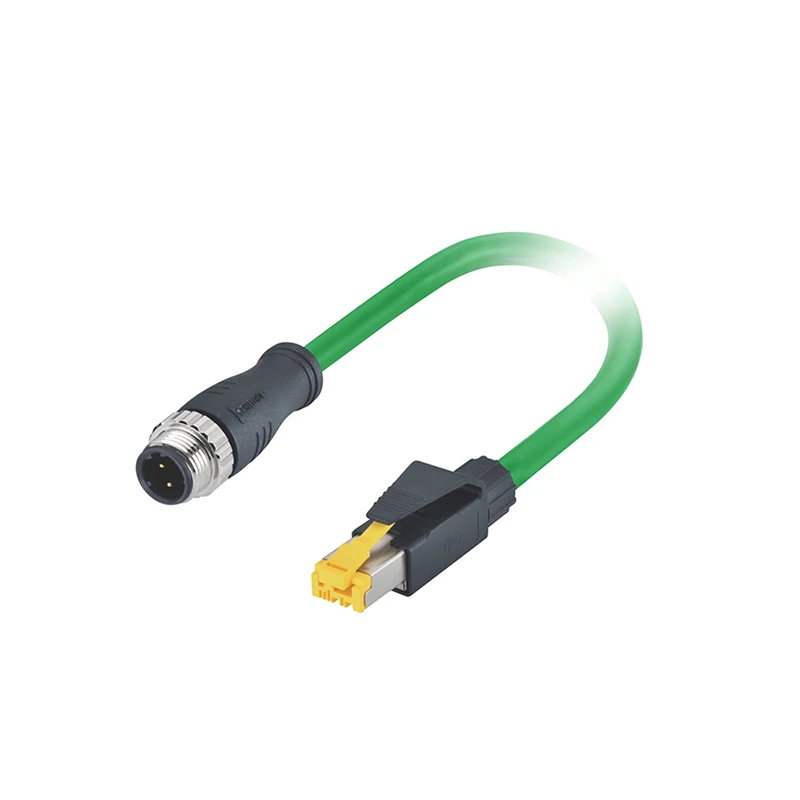 Разъем M12 4-контактный D-код (штекер) на разъем RJ45 (штекер) с кабелем Ethernet 1 м, зеленый PUR, в оплетке