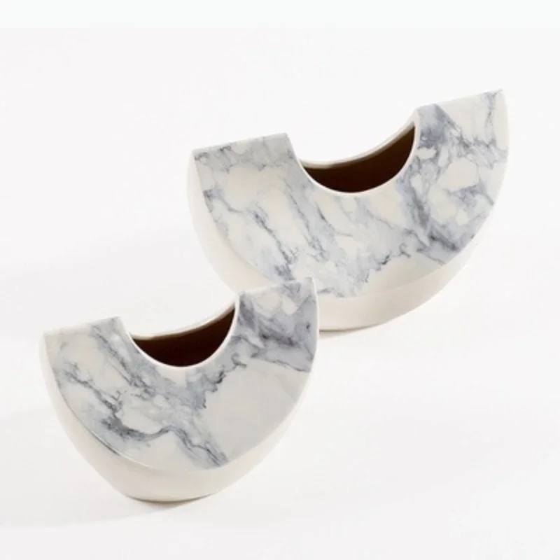 Ceramic Vase Marble Pattern Half-round Flowerpot Ceramic Handicraft Terrarium Flower Vase Home Decoration Accessories
