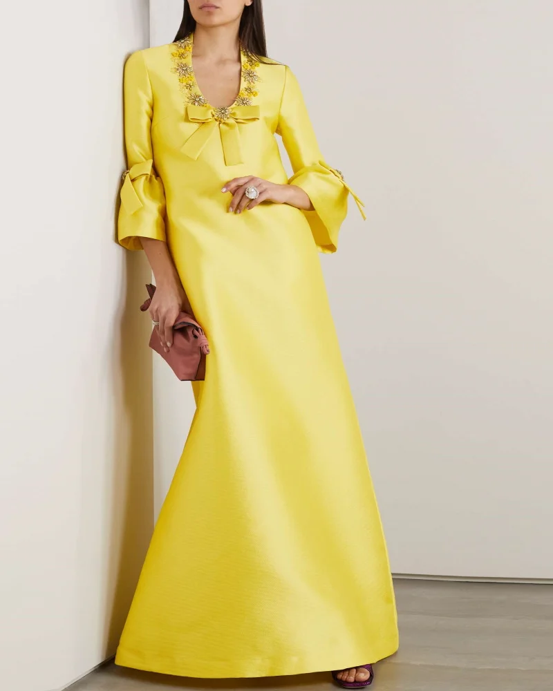 Abito da sera lungo فسات örtة Elegante abito da festa formale Mikado con scollo a V a maniche lunghe con fiocco in cristallo per le donne