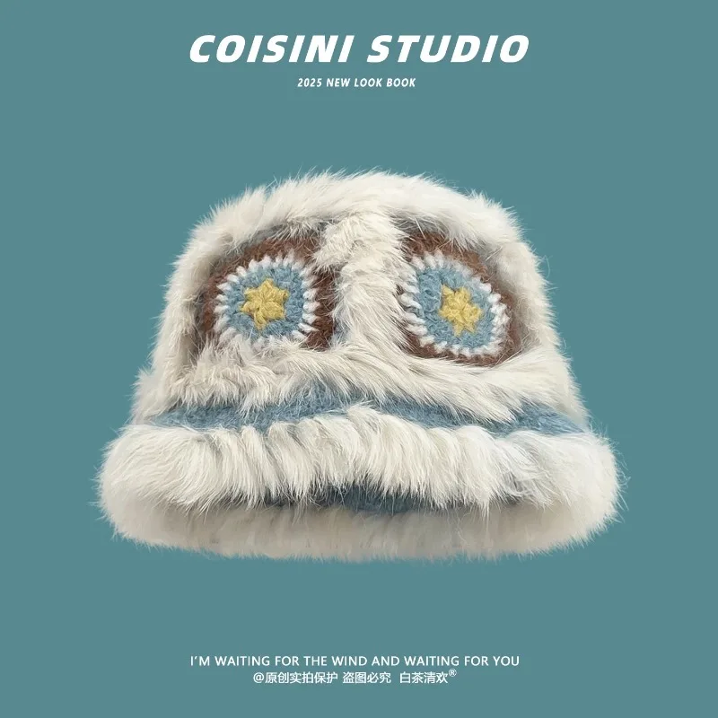 

Китайский стиль, высокое качество, вязаные шапки с кроличьей шерстью льва, женские зимние теплые универсальные панамы ручной работы для путешествий