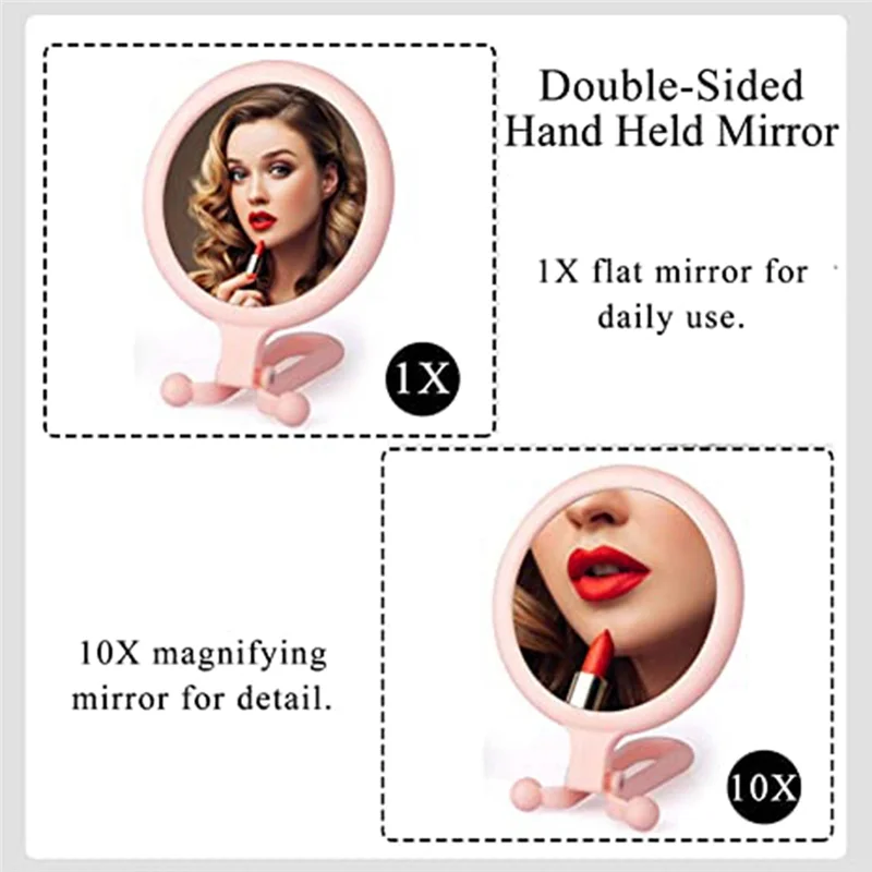 B89B-10X Handheld Magnifier, Double Sided Folding Makeup Mirror, Portable Handheld Mirror With Adjustable Handle(Pink)