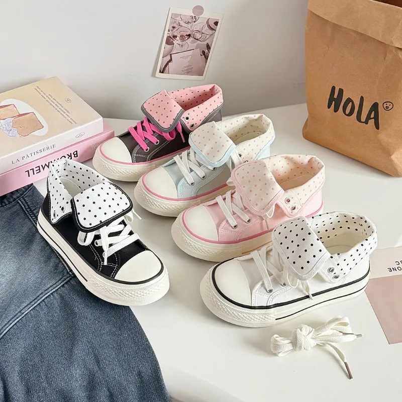Women's High Top Platform Canvas Sneakers Polka Dot Foldable Collar Lace Up Breathable Korean Style Casual Shoes Fall 2026