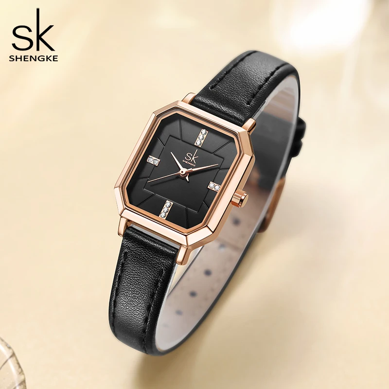 Shengke-relojes de cuarzo con correa de cuero para Mujer, pulsera de lujo, color negro, envío directo