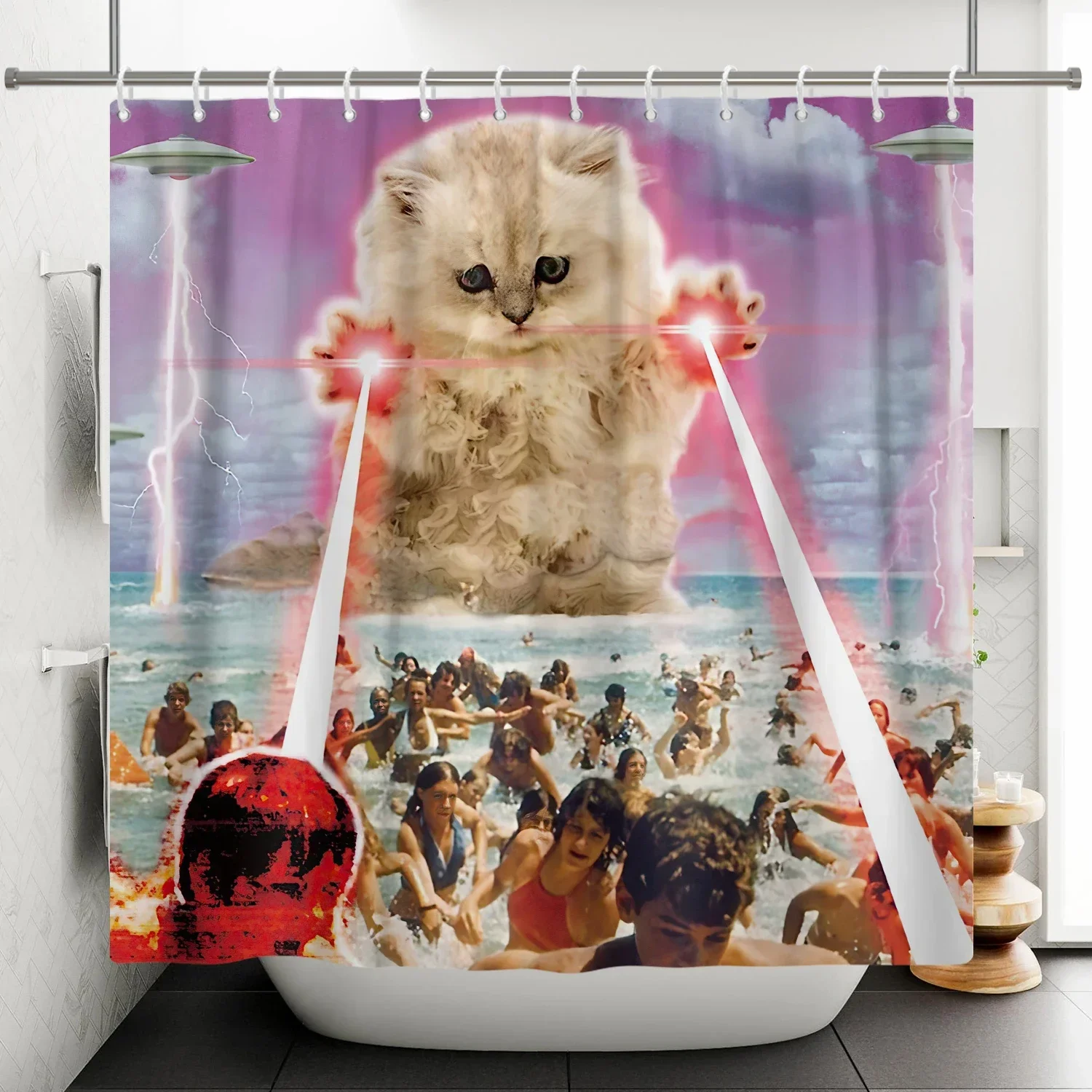 Funny Ninja Cat Riding Laser Unicorn With Golden Gun Pixel Rainbow Fire Print Shower Curtain Humorous Fantasy Animal Art Waterpr