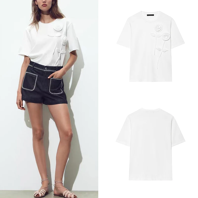 

Summer 2025 Women's Casual Sle round Ne ort Sve Slim Fit T-irt Puffy Flower Decoration Versatile Polyester Fiber