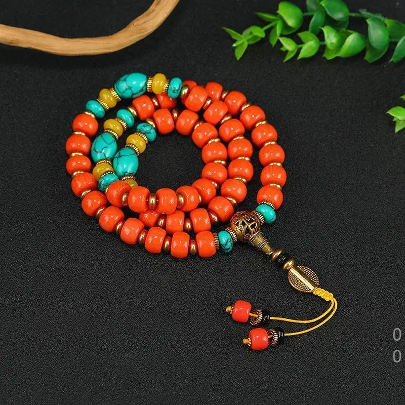 style turquoise red jade bracelet, vintage Tibetan hand-held Buddhist prayer beads and pendant